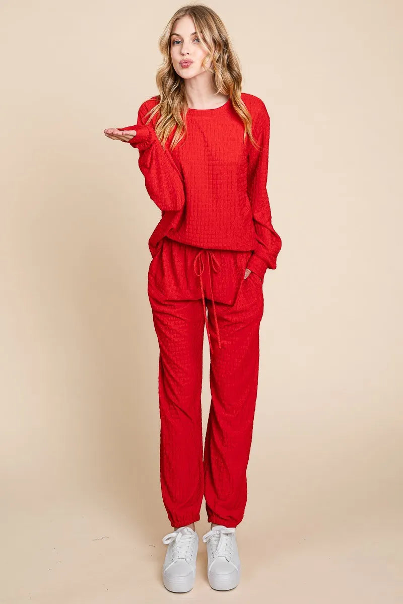 Super Lady Full Size Crinkle Check Round Neck Top and Pants Lounge Set - Ladyez