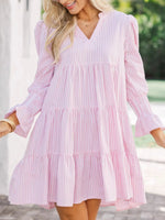 Striped Tiered Flounce Sleeve Shirt Dress