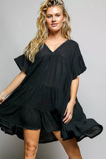 POL Ruffle Shirred V-Neck Short Sleeve Cotton Dress