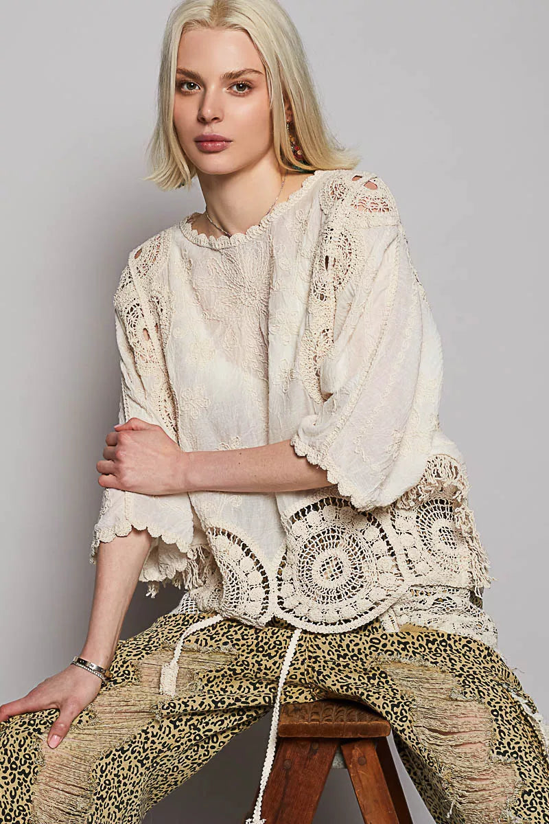 POL Round Neck Crochet Top with Floral Embroidery Detail