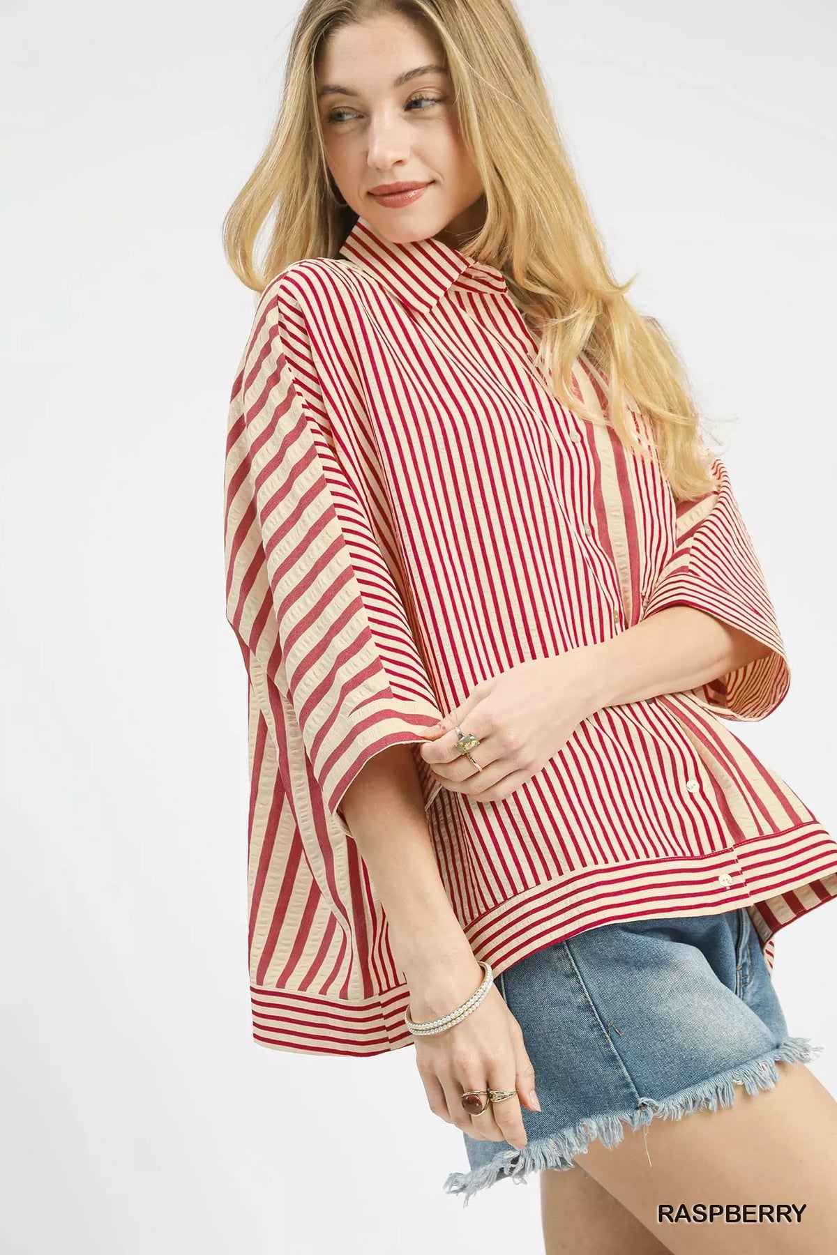 Umgee Mixed Stripe Oversized Button Down Top