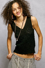 POL Textured Knit V-Neck Tank with Lace Trim