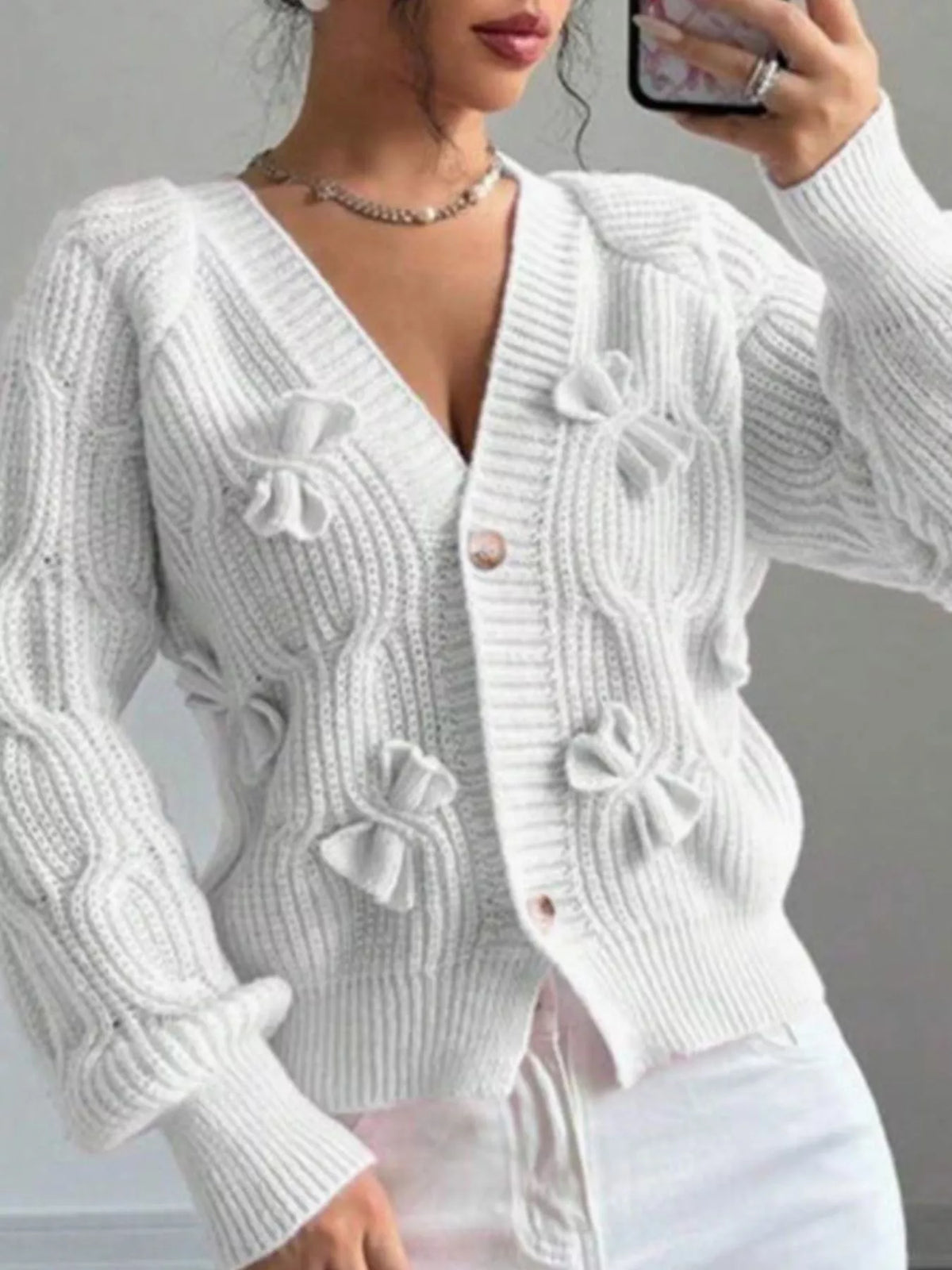 Bow Cable Knit V-Neck Cardigan