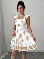 Printed Bow Back Square Neck Mini Dress