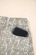 Raw Edge Leopard Print Denim Shorts