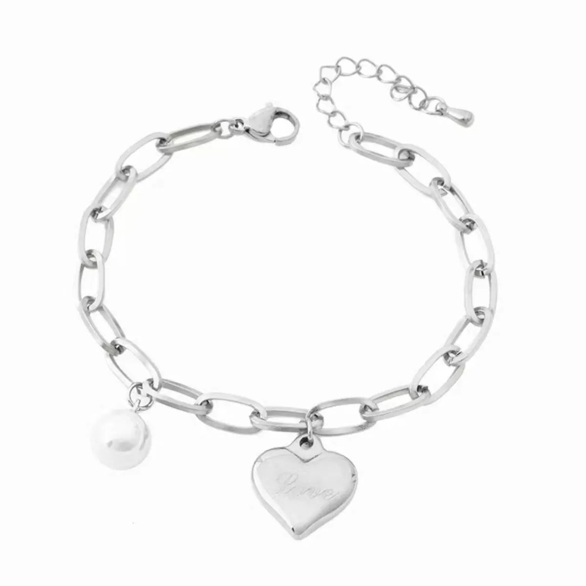 Heart Charm Pearl Accent Chain Bracelet