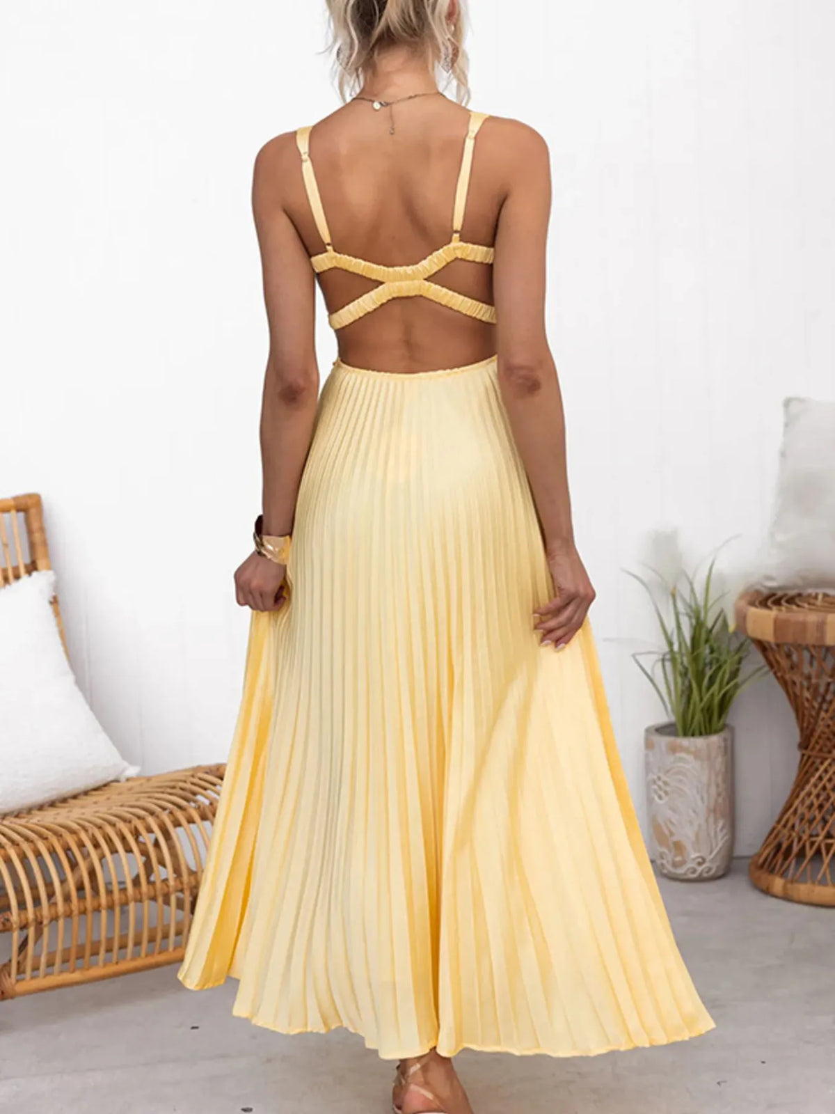 Pleated V-Neck Sleeveless Maxi Dress - Ladyez