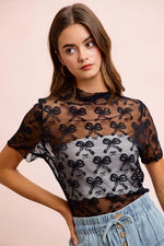 BiBi High Neckline Short Sleeves Bow Pattern Mesh Top