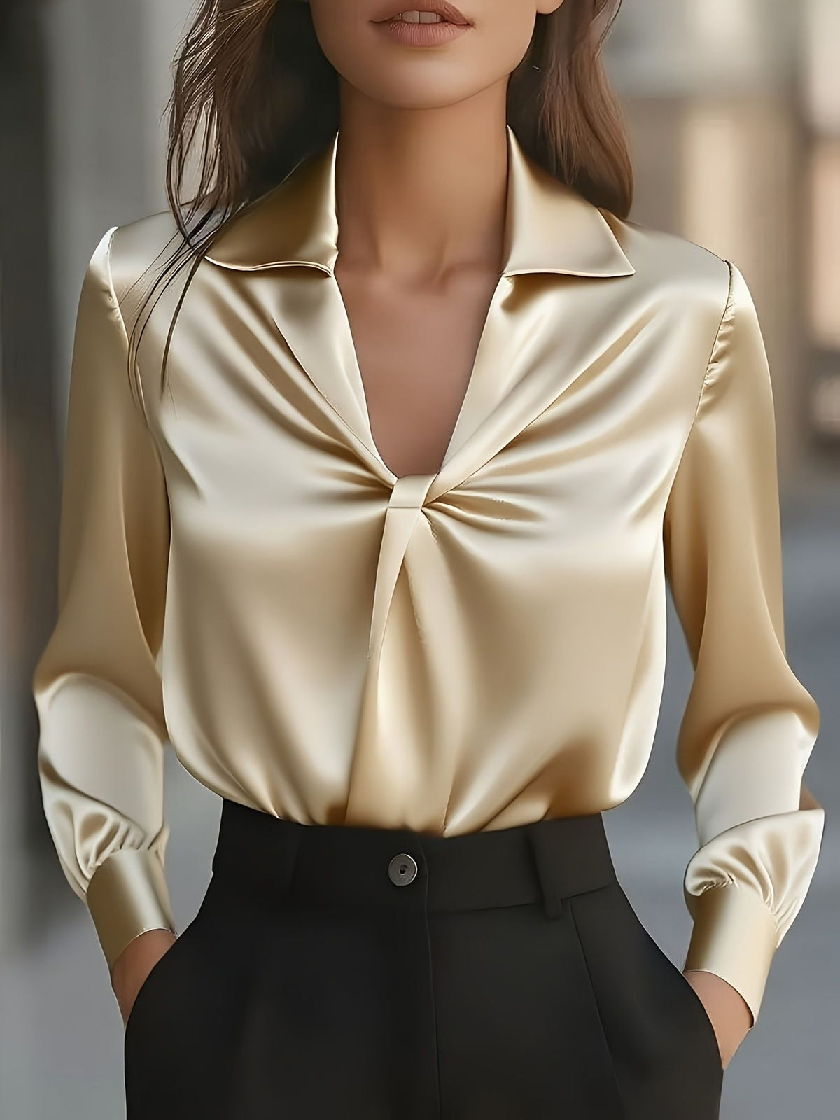 Ruched Collared Neck Long Sleeve Blouse