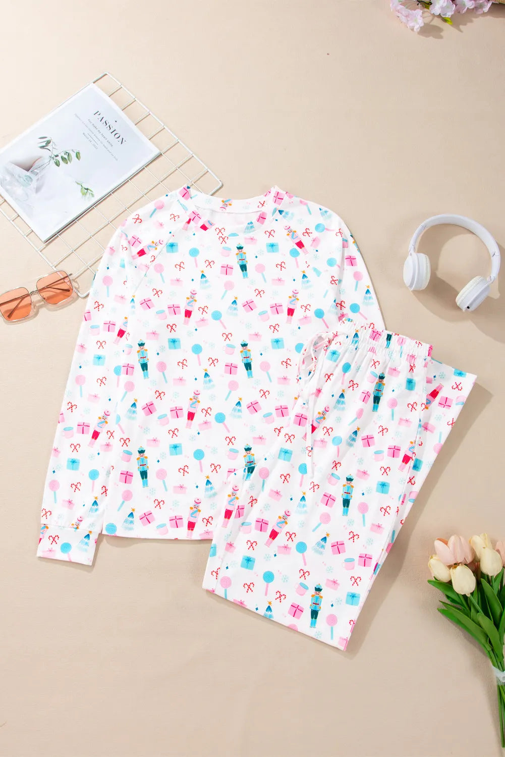 Printed Round Neck Long Sleeve Top and Pants Lounge Set - Ladyez