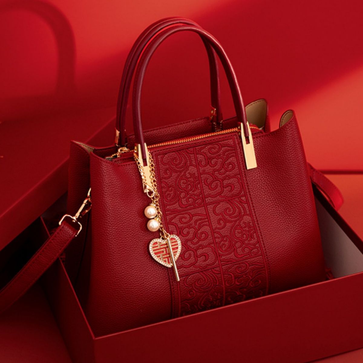 Embossed Leather Top Handle Handbag