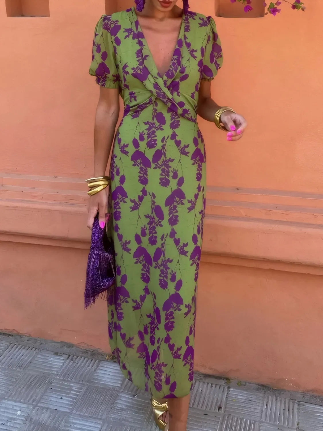 Printed Plunge Short Sleeve Midi Dress - Ladyez
