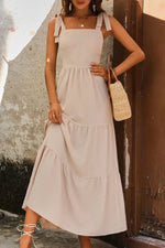 Perfee Tie Shoulder Smocked Tiered Dress - Ladyez