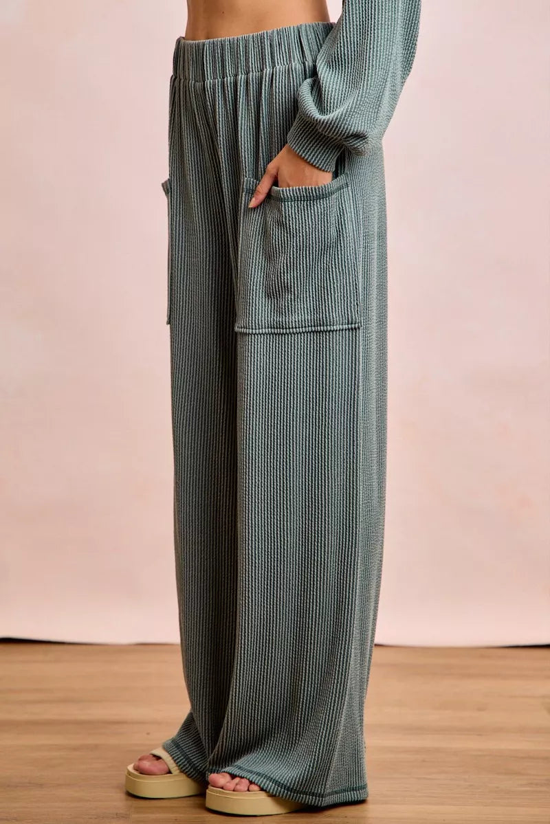 BiBi Two Tone Cord Rib Contrast Stitching V-Neck Top and Pants Set