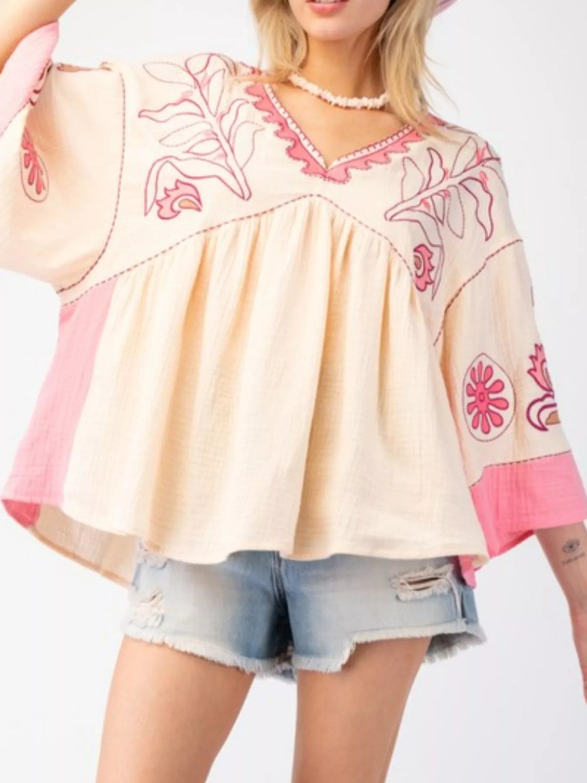Printed V-Neck Top with Contrast Trim Details