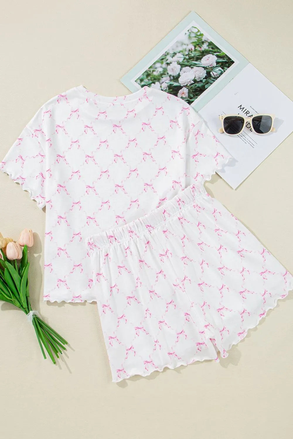 Bow Print Lettuce Trim Round Neck Top and Shorts Lounge Set - Ladyez