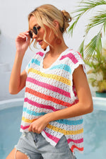 Angel Wings Striped V-Neck Slit Cover Up - Ladyez
