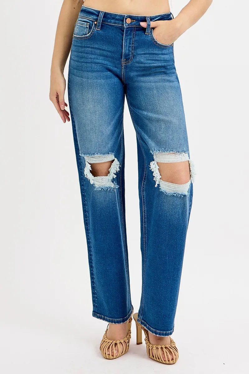 RISEN Full Size Mid Waist Fit Boyfriend Knee Distressed Jeans Plus Size - Ladyez