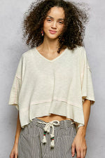 POL Short Sleeve Ccopped Rib T-Shirt with Contrast Stitch Detail