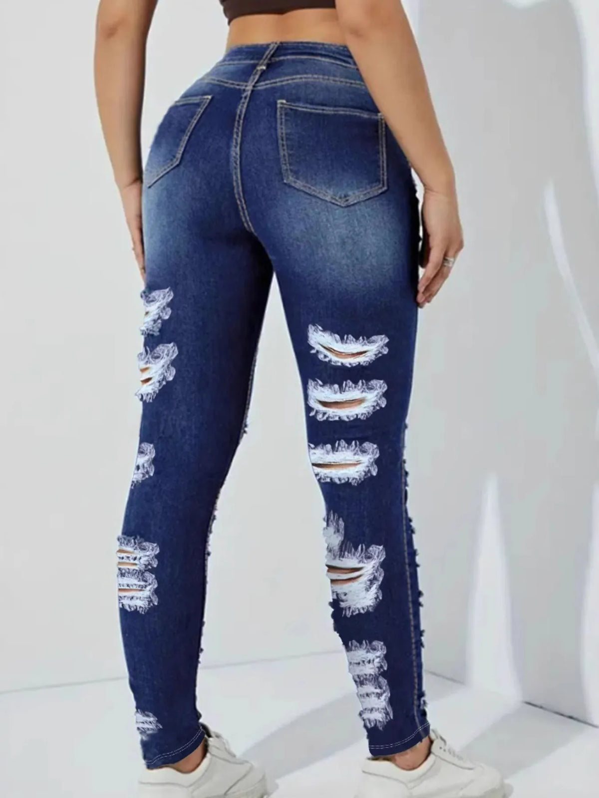 High Waisted Distressed Skinny Jeans - Ladyez