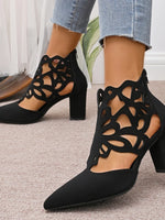 Pointed Toe Cut-Out Block Heel Pumps - Ladyez