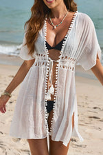 Pom Pom Trim Drawstring Waist Cover-Up - Ladyez