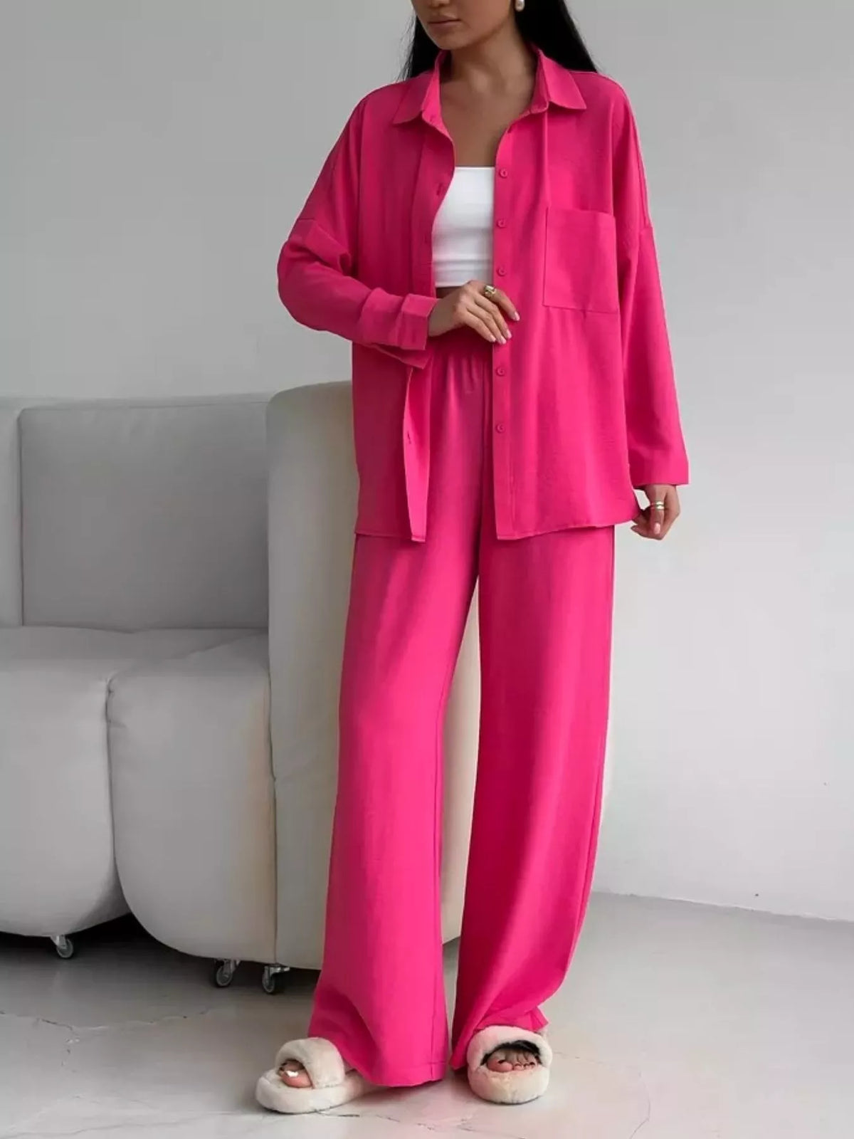 Button Up Long Sleeve Shirt and Pants Set