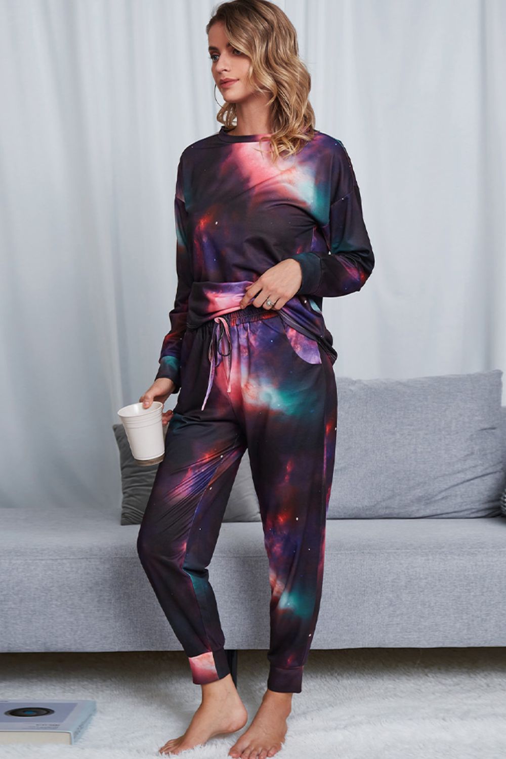 Shiny Tie-Dye Crewneck Top and Drawstring Waist Joggers Lounge Set - Ladyez