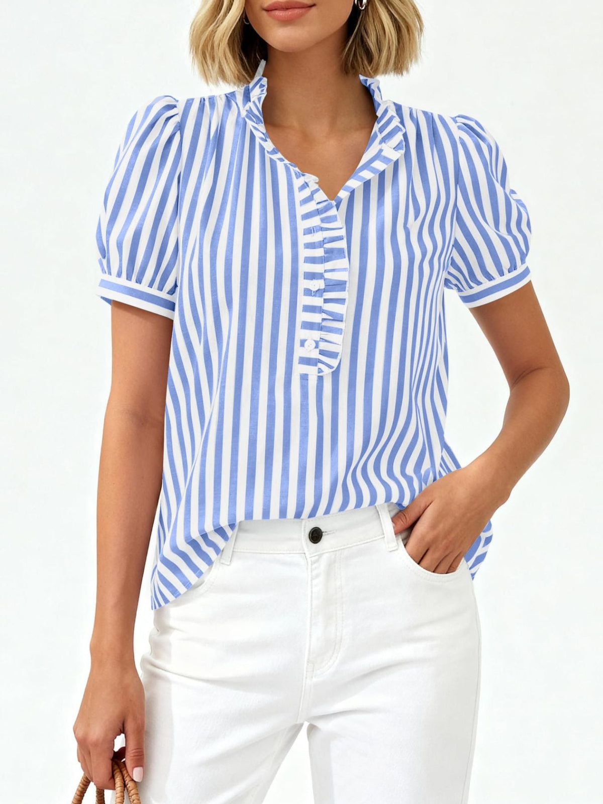 Frill Striped Puff Sleeve Blouse