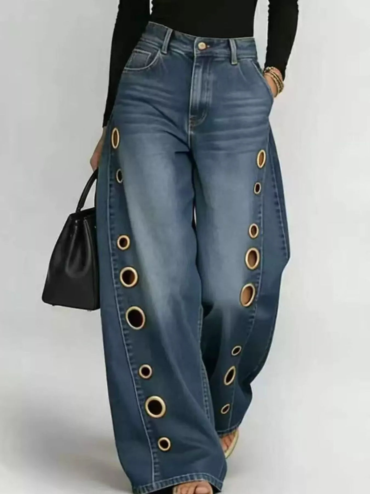Wide Leg Jeans with Eyelet Details