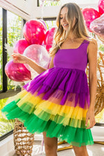 BiBi Mardi Gras Color Block Layered Mesh Tiered Dress - Ladyez