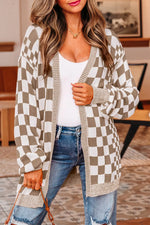 Checkerboard Print Open Front Knit Cardigan