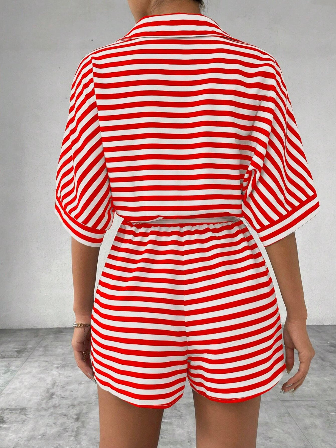 Tie Waist Half Button Striped Romper - Ladyez