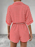 Tie Waist Half Button Striped Romper - Ladyez