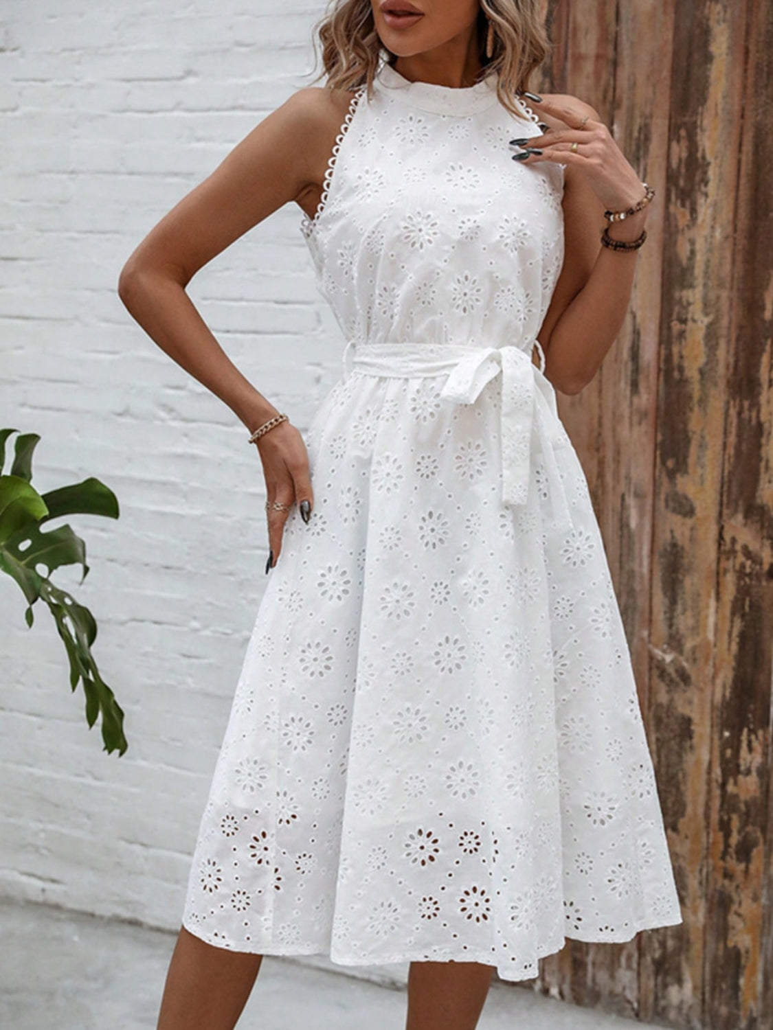 Eyelet Grecian Neck Tie Waist Midi Dress - Ladyez