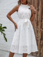 Eyelet Grecian Neck Tie Waist Midi Dress - Ladyez