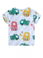 Children's Cartoon Construction Vehicle Print Crew Neck Short Sleeve T-Shirt