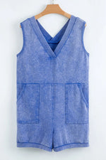 Mineral Wash Pocketed Sleeveless V Neck Loose Romper