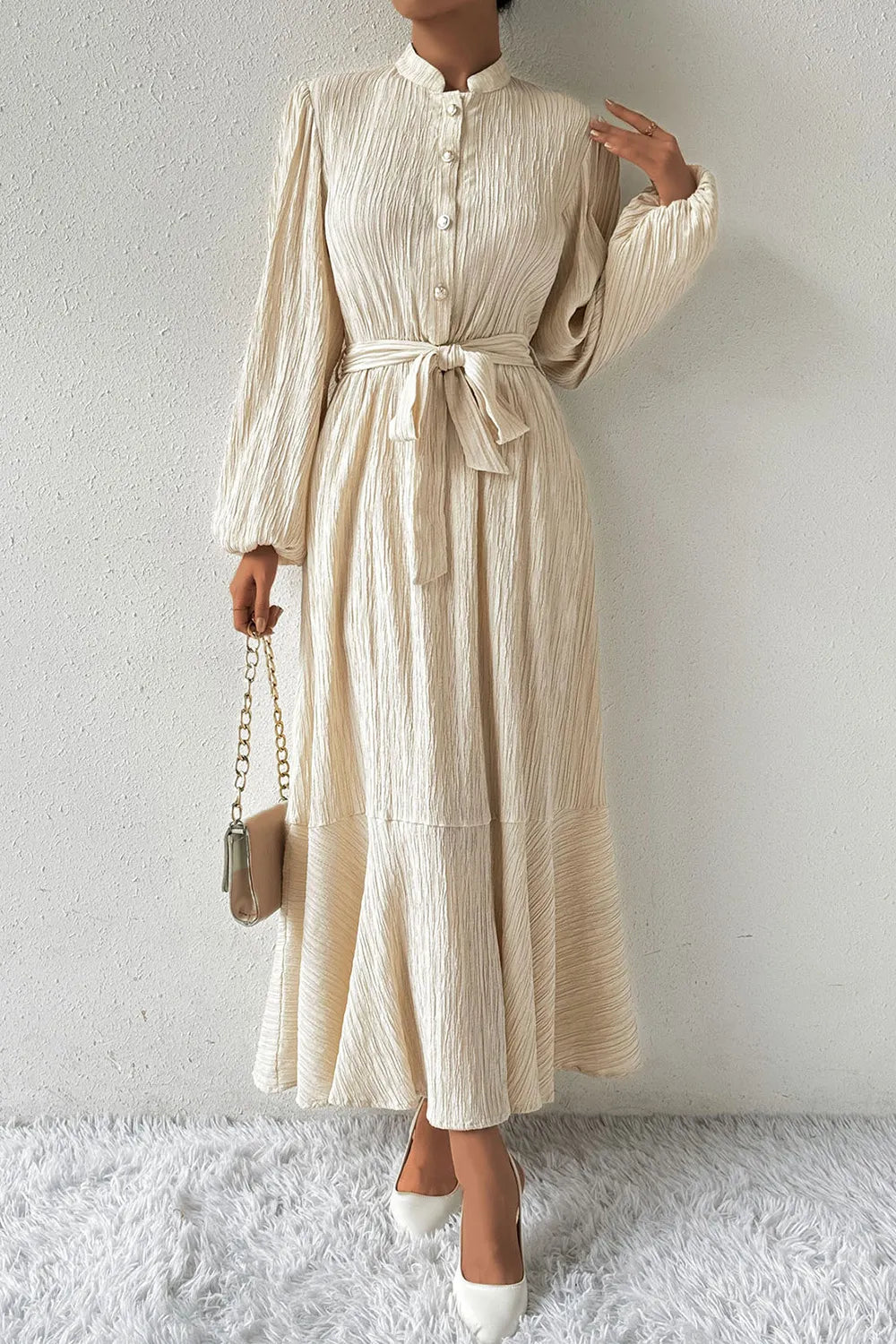 Honey Tied Button Up Balloon Sleeve Dress - Ladyez