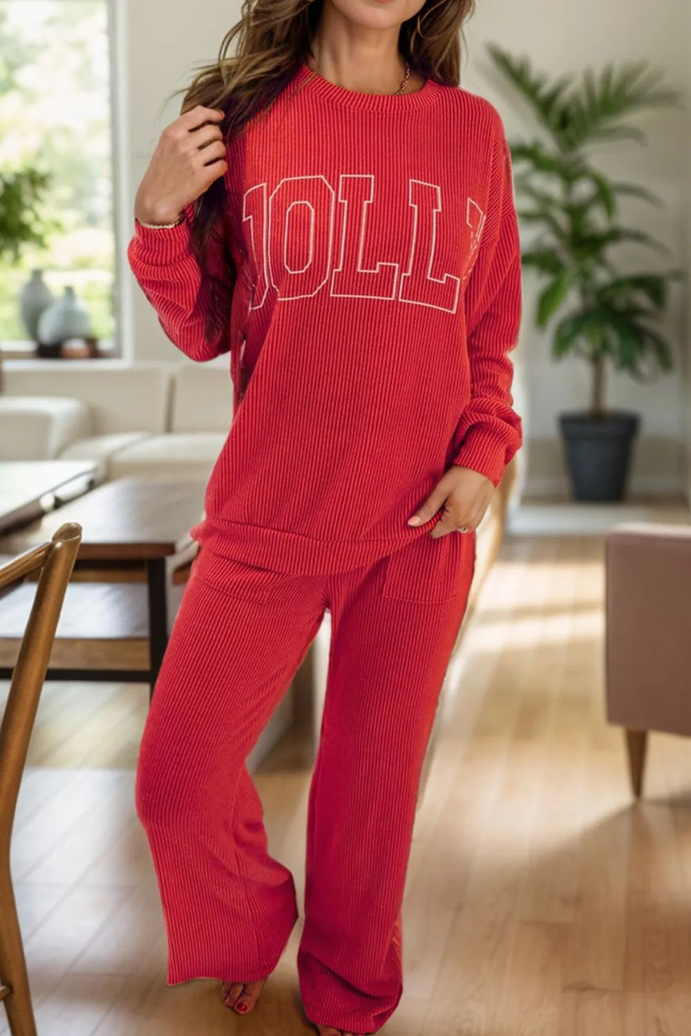 JOLLY Round Neck Long Sleeve Top and Pants Lounge Set - Ladyez