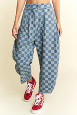 Jade By Jane Plus Size Pleated Checkered High Waist Barrel Pants - Ladyez