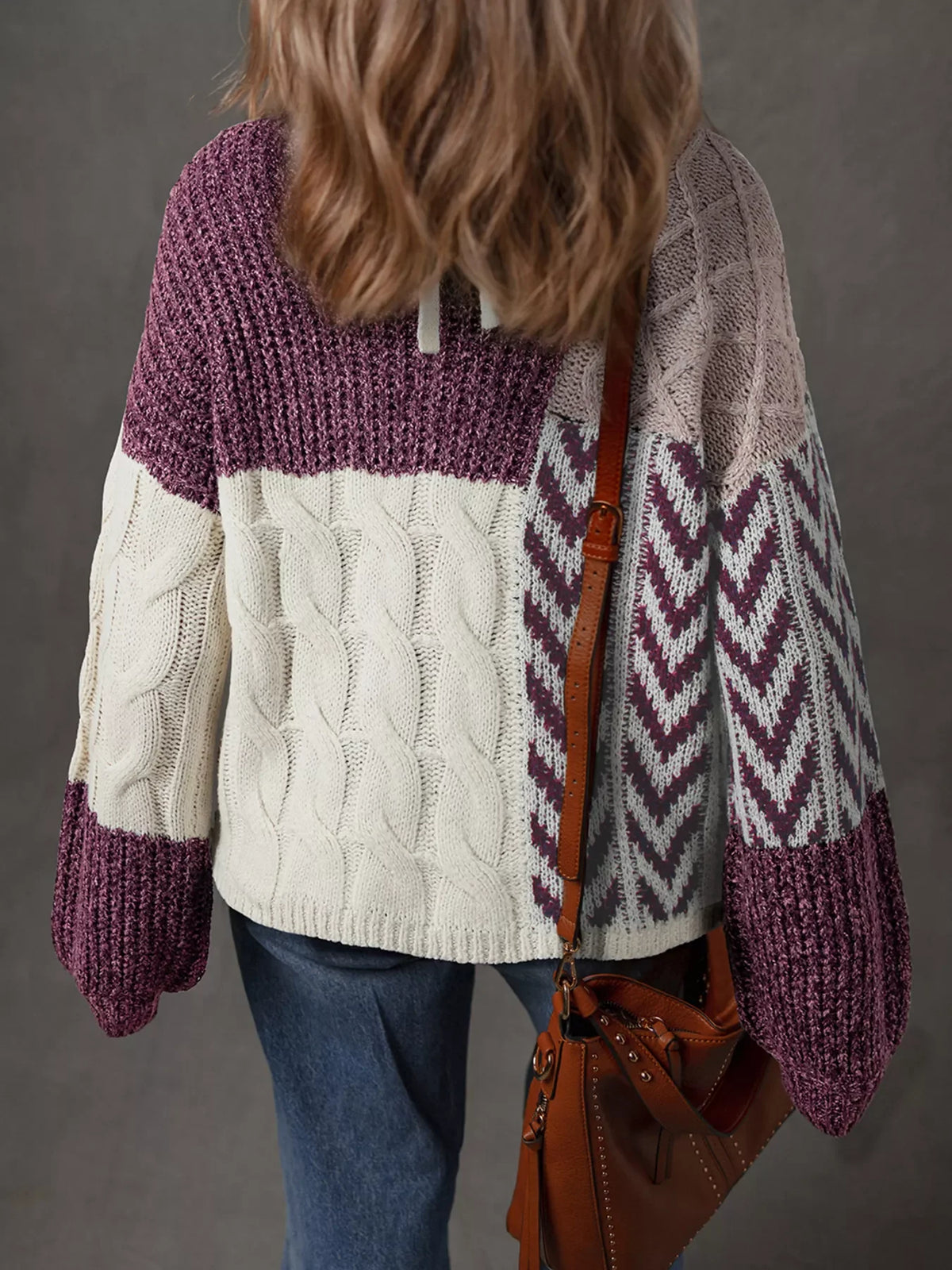 Color Block Patchwork Knotted Back Loose Fit Sweater