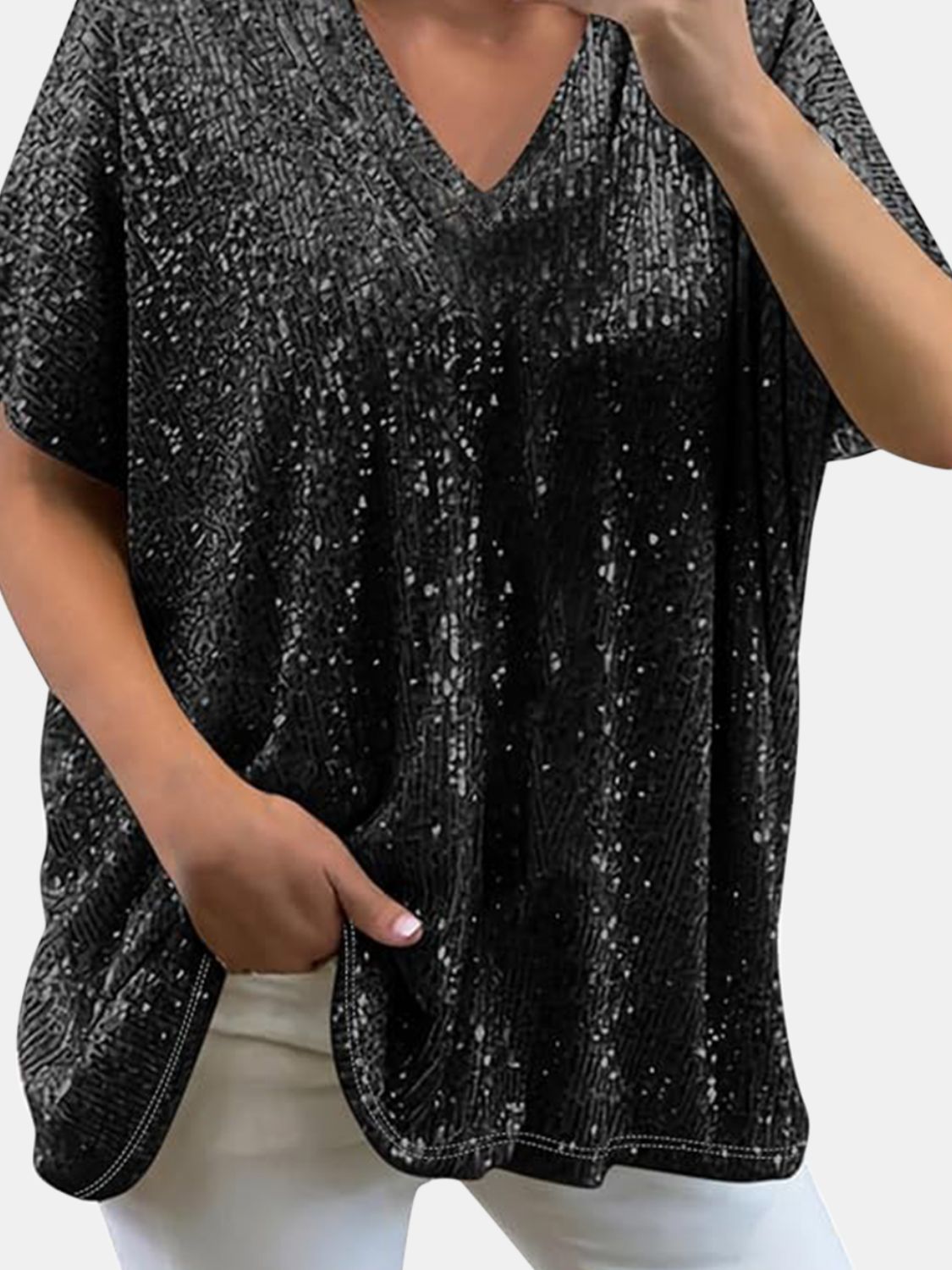 Full Size Sequin V-Neck Short Sleeve Top - Ladyez