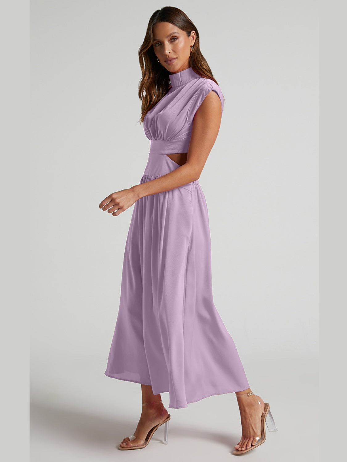Cutout Mock Neck Sleeveless Ruched Dress - Ladyez
