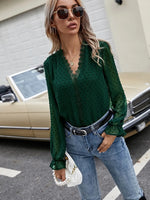 Lace Detail V-Neck Swiss Dot Blouse