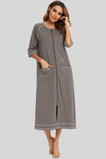 Zip Up Slit Round Neck Night Dress with Pockets - Ladyez