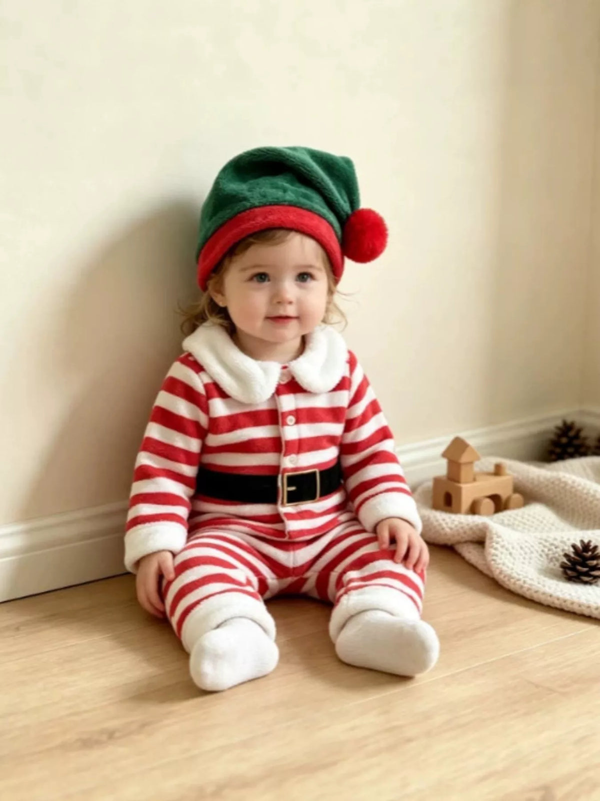 Children's Christmas Striped Pajama Set with Matching Hat