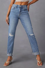 Distressed Raw Hem Straight Jeans with Pockets