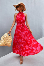 Printed Sleeveless Tie Waist Maxi Dress - Ladyez