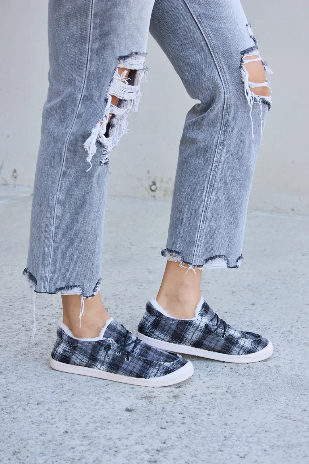 Forever Link Plaid Plush Flat Sneakers - Ladyez